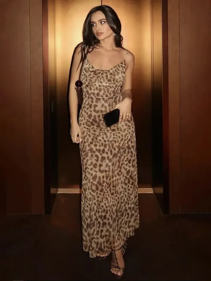 knee length dresses for ladies Women's Leopard Print Cowl Neck Maxi Dress main image 1