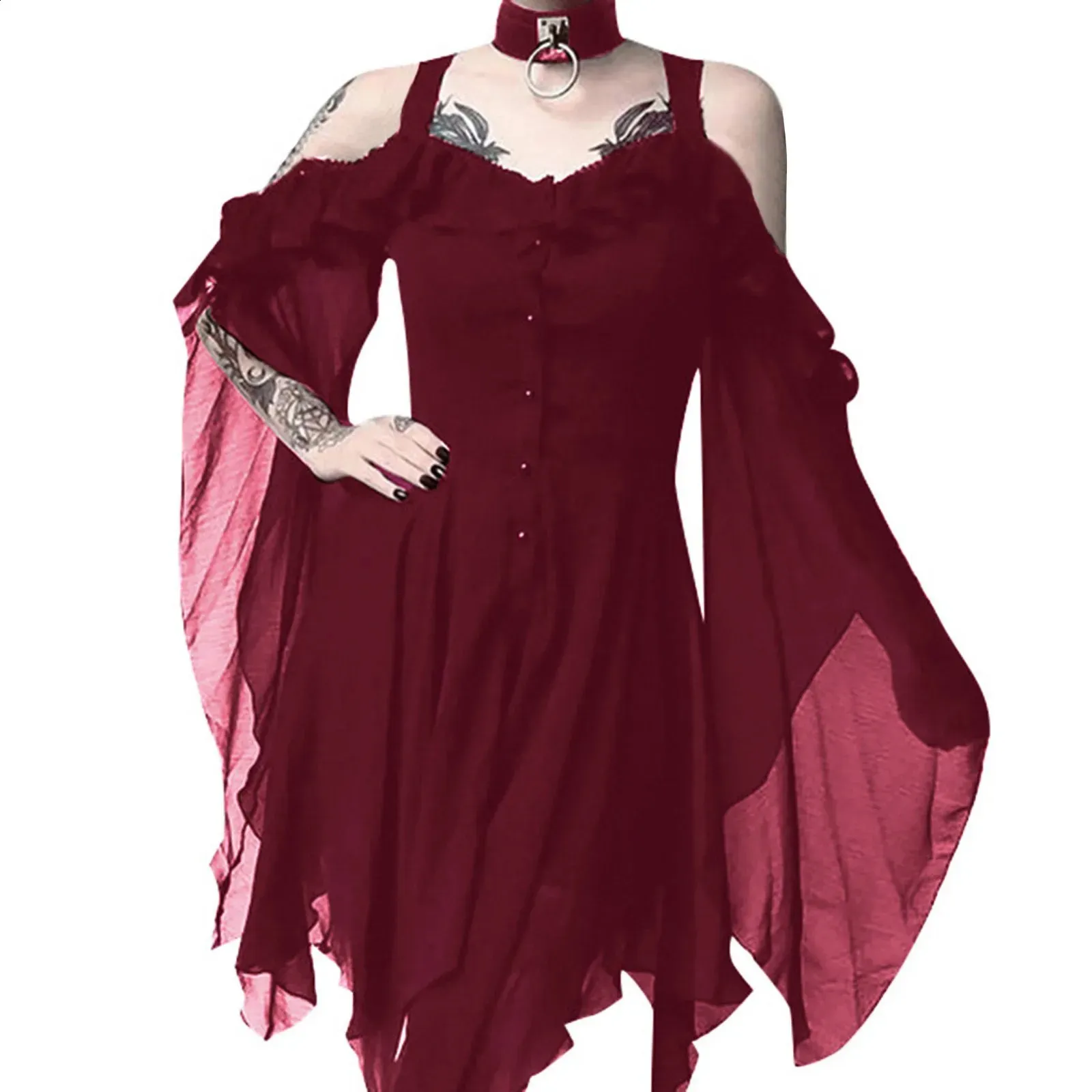 Vintage Gothic Ruffled Black sling dress for Women - Plus Size, Dew Shoulder, Irregular Fit, Punk Harajuku Lolita Style - S-5XL (2024 Collection)