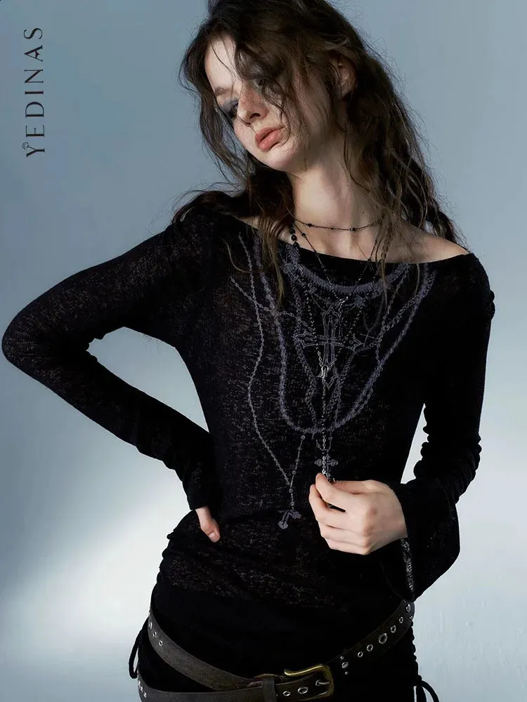Gothic Graphic Tee: Off-Shoulder Y2K Long Sleeve Top - Shop Now