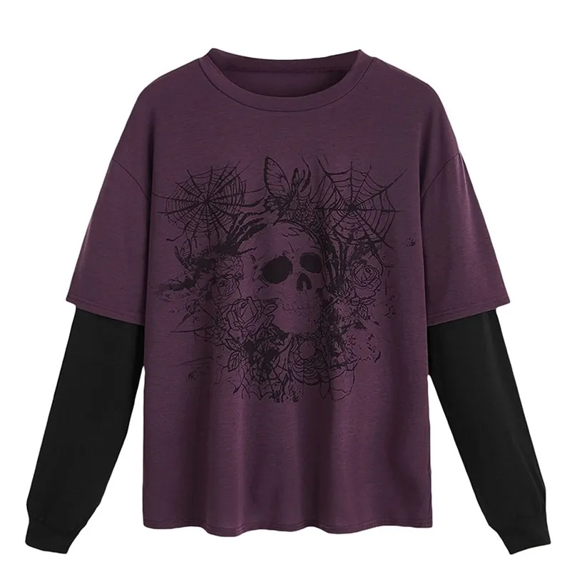 トップス Multi-layered long sleeve Gothic y2k Womens Y2K Gothic Skull Print Layered T Shirt – From