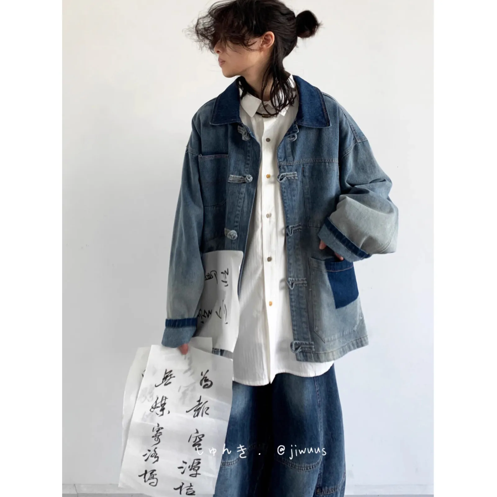 New Chinese Style Chinese Feng Shui Washed Old Denim Jacket