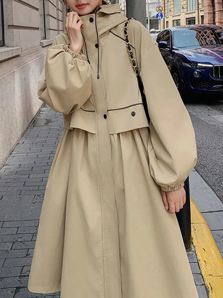【WOOHWA】GREEK HIGH NECK TRENCH COAT Korean trench jacket with hood for Women - Long Sleeves