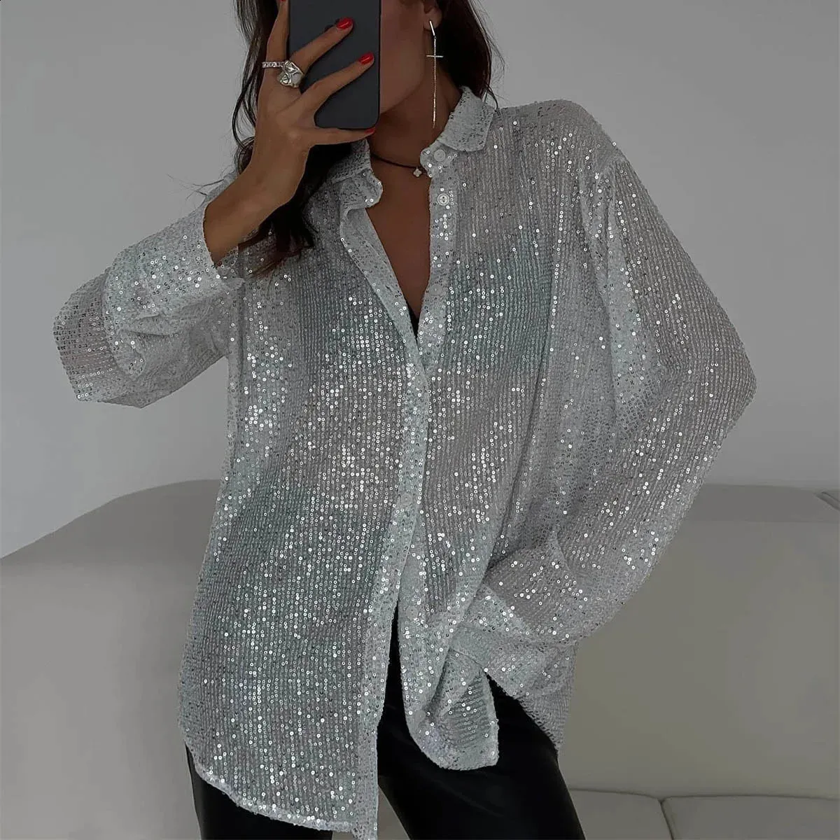 Long Sleeve Ladies Dressy Silver Tops Silver Tops For Women Iuyhau - Main Image
