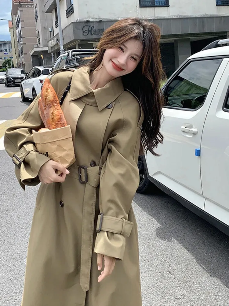 Korean Khaki Trench For Women Single Breathable Lapel Green