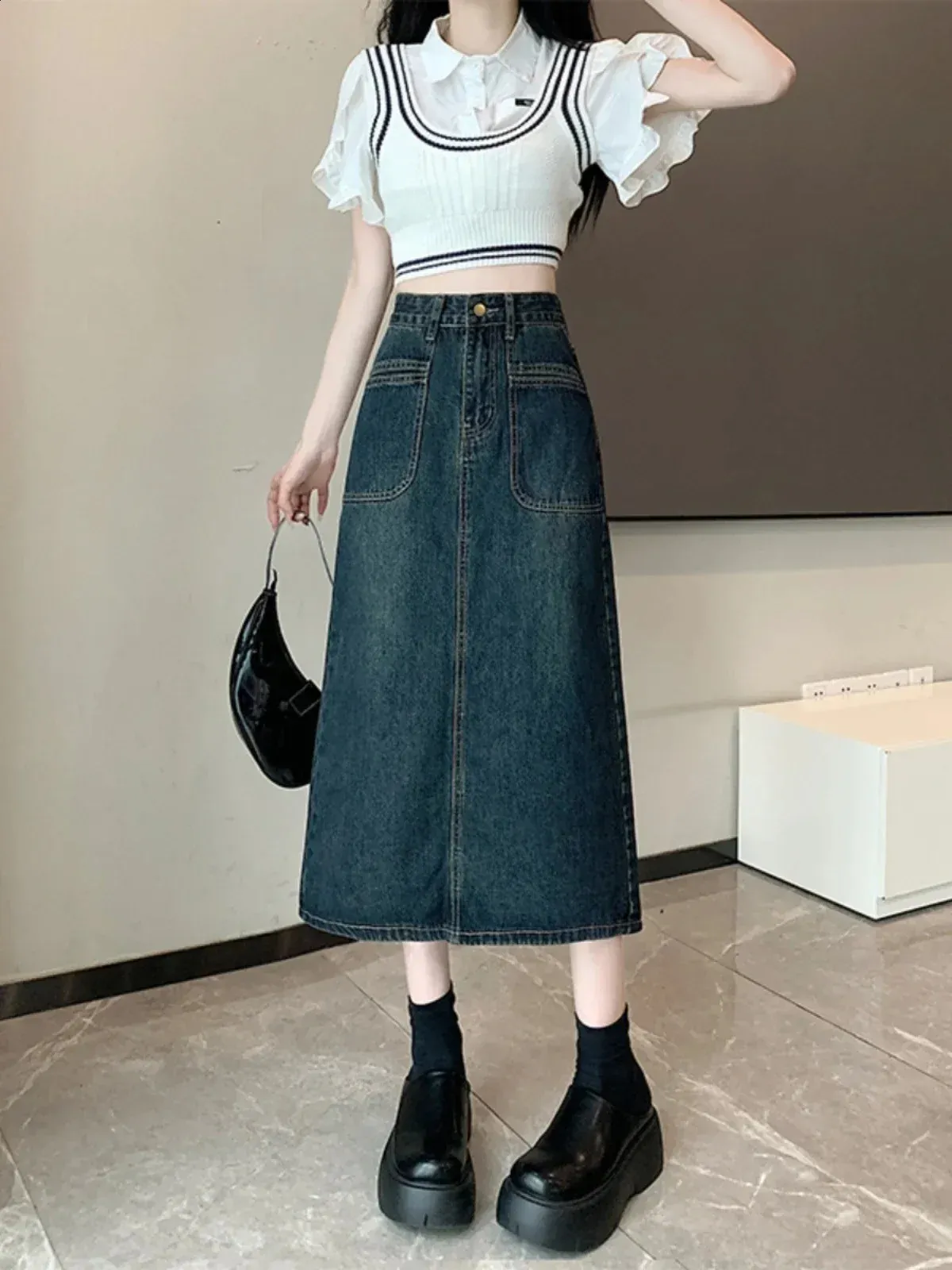 Save Big on Bulk Korean Long Denim Skirt Outfit High Waist Denim Skirt For  Women Retro Grey Y2K Long Skirt, Casual Korean Style, Autumn Winter Best 
