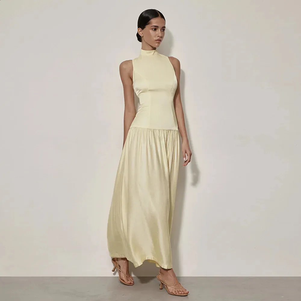 sachin and babi light blue dress Luxury Satin Turtleneck Long Dress Elegant Women's Sleeveless Maxi Dresses  Evening Party Blue Summer Club Wear Black White Green