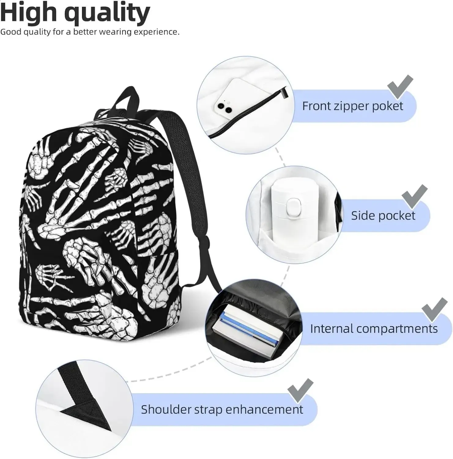 Casual Lightweight Halloween Skeleton Hands Laptop Backpack Men Women Travel Bag Outdoor Canvas Daypack 240823_voghion.com