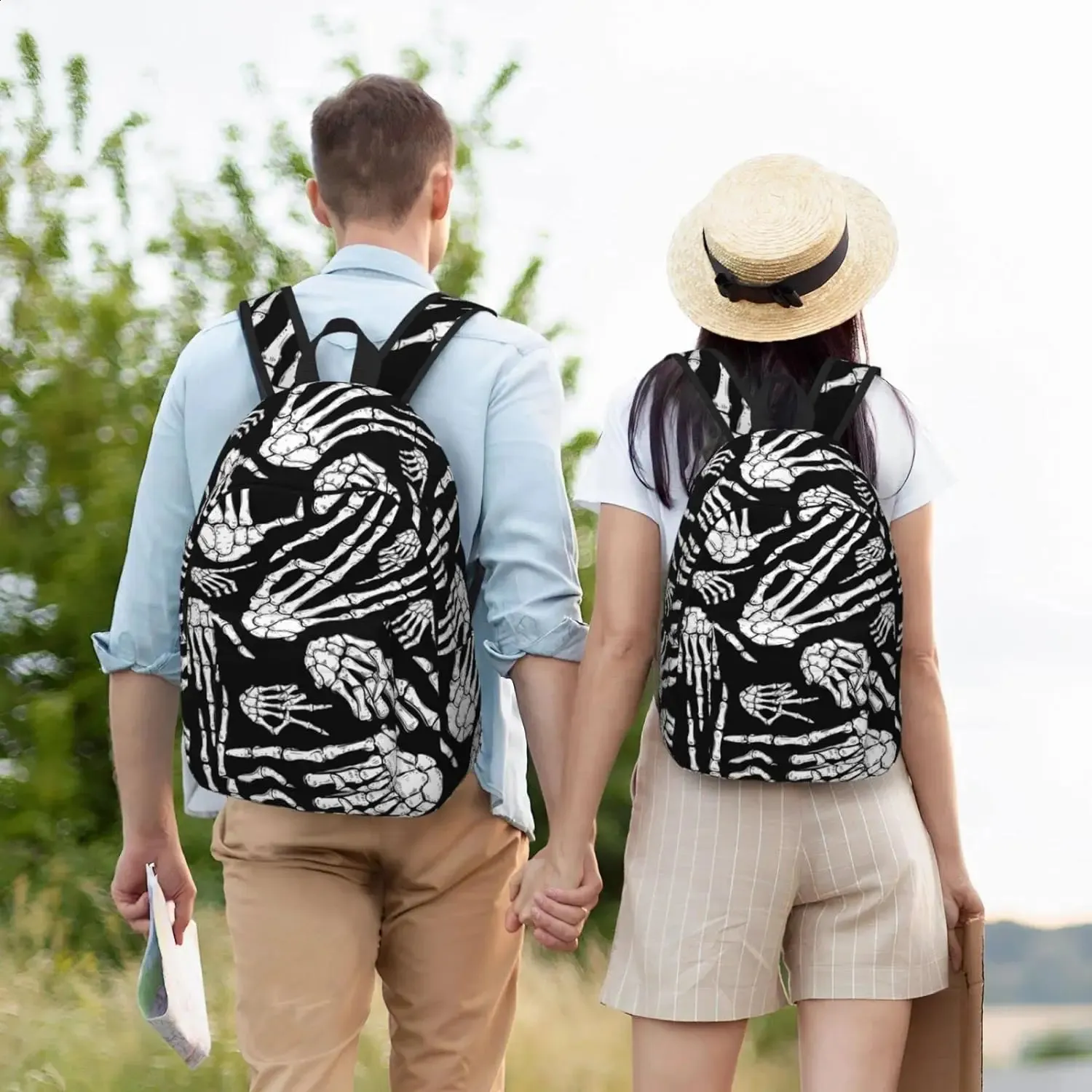 Casual Lightweight Halloween Skeleton Hands Laptop Backpack Men Women Travel Bag Outdoor Canvas Daypack 240823_voghion.com
