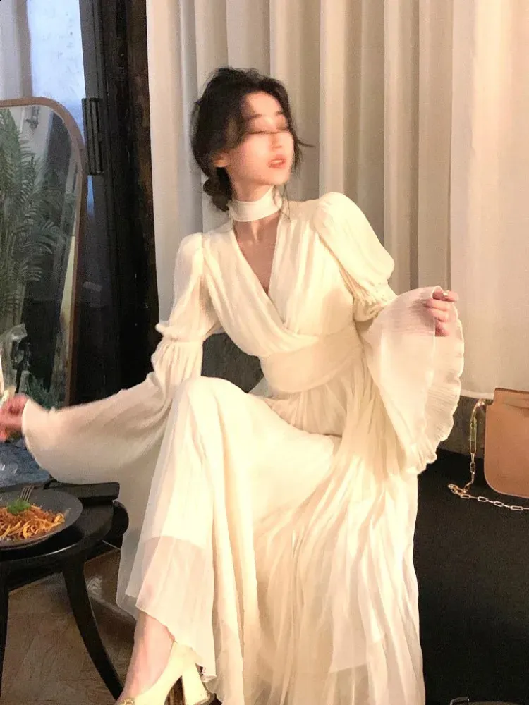 korean chiffon dress midi Buy Spring Elegant V-Neck Midi Dress Office Lady Long Sleeve Casual One  Piece Dress Korean French Vintage Chiffon Dress Women at affordable prices   free shipping, real reviews with photos  Joom