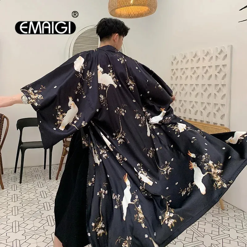Men Print Japan Fashion Loose Casual Vintage Long Kimono Cardigan