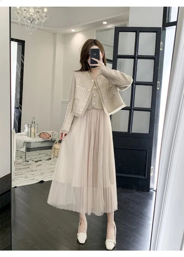 Elegant Tweed Two Piece Set: Short Jacket & Spaghetti Strap