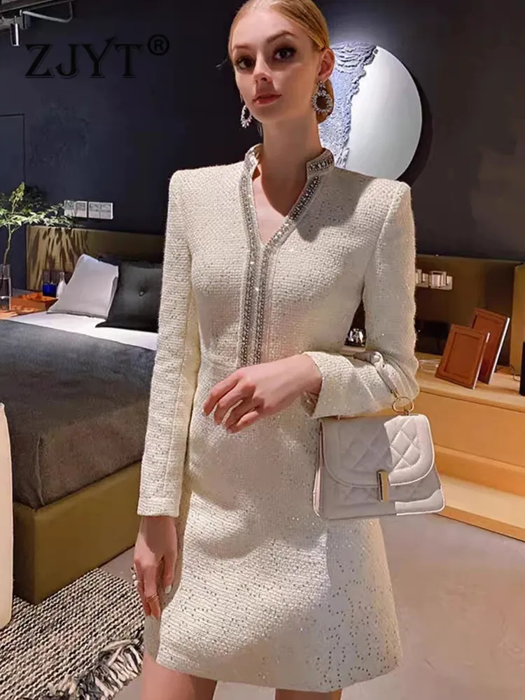 White Tweed Woolen Tweed Dress with Beading and Sequins - Perfect for Autumn/Winter Parties and Office Wear (Style 240823) White Tweed Woolen Tweed Dress with Beading and Sequins - Perfect for Autumn/Winter Parties and Office Wear (Style 240823)