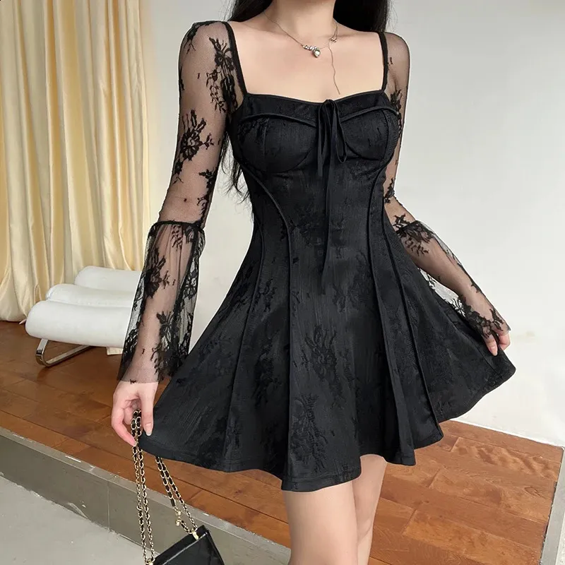 Sparkling Lace Pleated Mini gothic dress for Women - Elegant Square Neckline A-line gothic dress Perfect for Parties and Clubs (JY23518PF 240823) Sparkling Lace Pleated Mini gothic dress for Women - Elegant Square Neckline A-line gothic dress Perfect for Parties and Clubs (JY23518PF 240823)