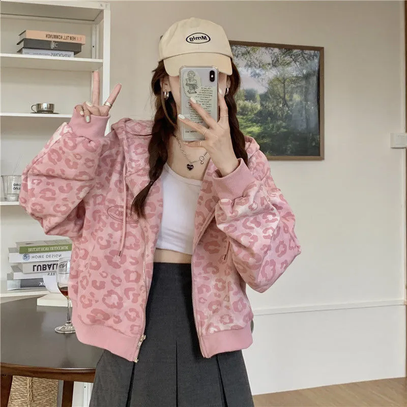 Y2K Harajuku Leopard Print Zip comfort hoodie - Pink Hip Hop
