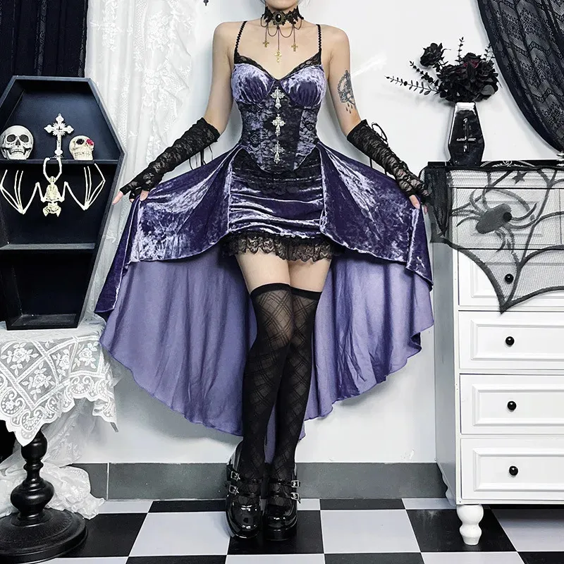 Victorian Gothic Velvet A-line dress with Grunge Sling and Lace Bottom - Elegant Evening Wear for Women - Gothic Style - Lolita Partywear - Alt Cloth