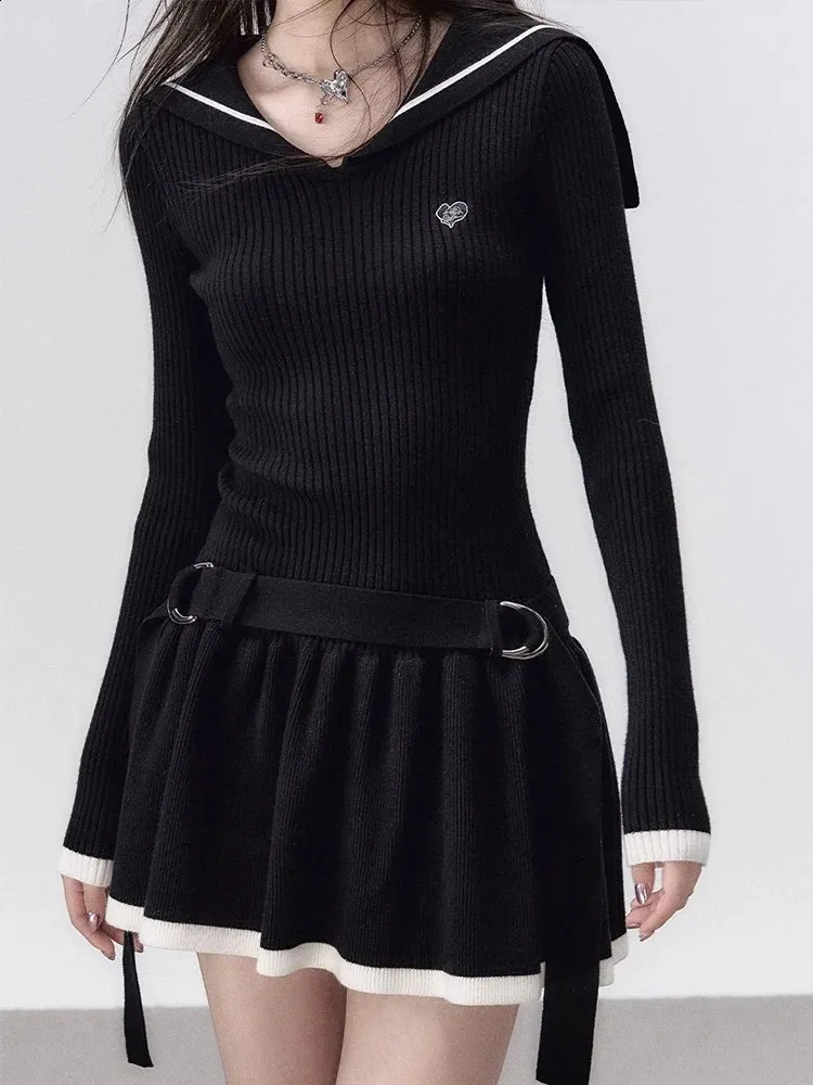 Product Title: Black Knitted Dress Women Korean Fashion Preppy Style Mini DressProduct Description: This Black Knitted Dress is a Preppy Style with a Product Title: Black Knitted Dress Women Korean Fashion Preppy Style Mini DressProduct Description: This Black Knitted Dress is a Preppy Style with a
