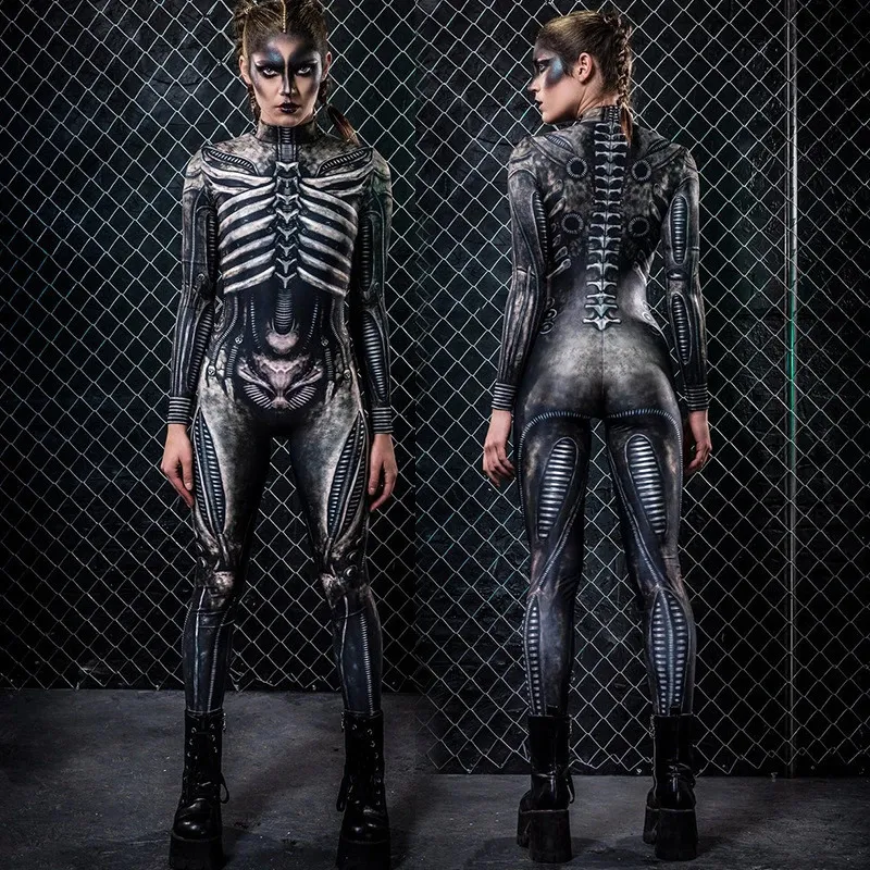 Body Squelette Halloween Femme - Combinaison élastique Manches Longues - Pour Fête, Cosplay, Déguisement
