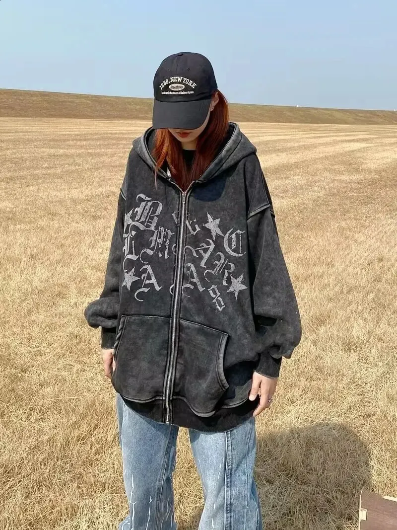 Washed Black Y2K Zip Hoodie: Vintage Grunge Style, Loose Fit
