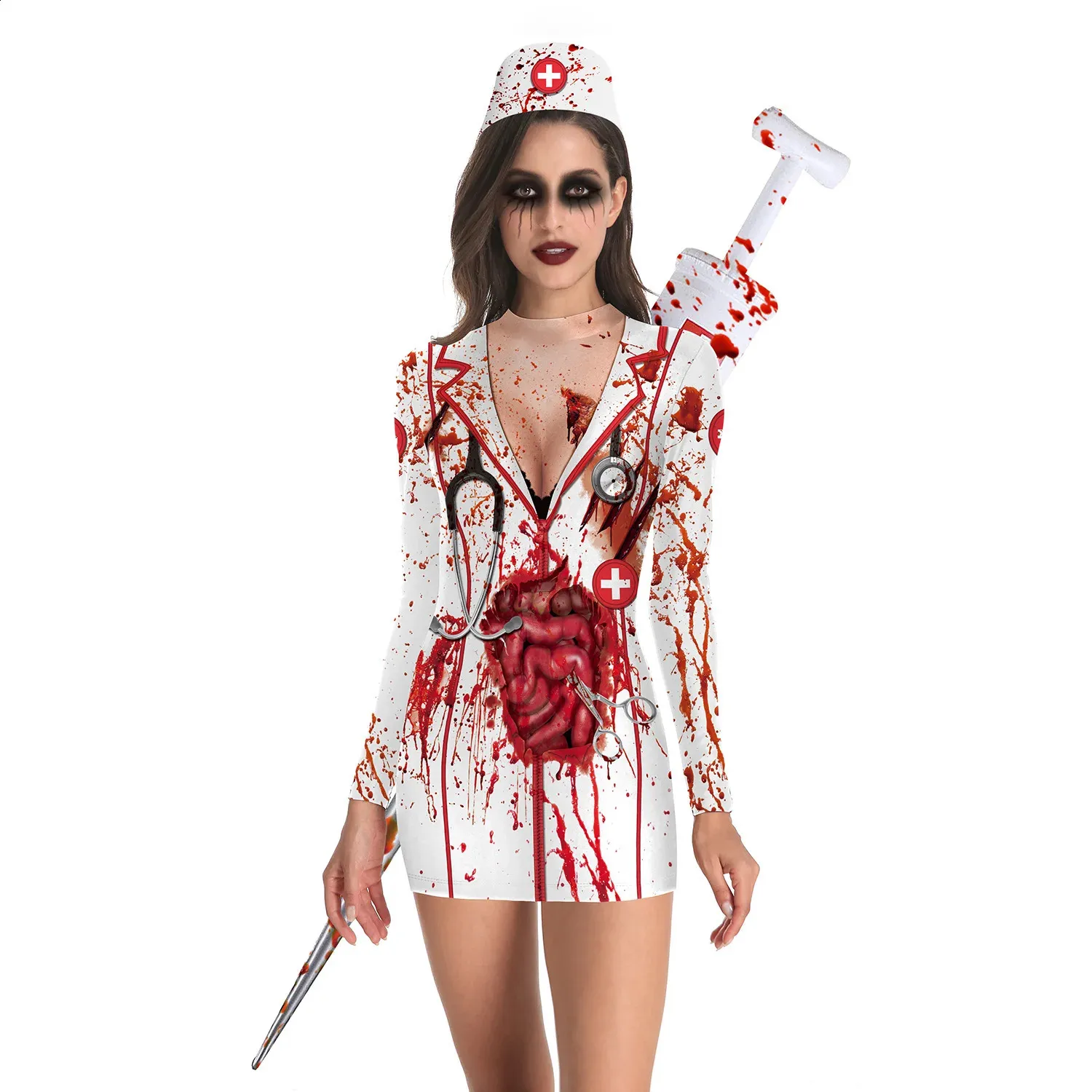 white christmas dresses Zombie Nurse Costume with Blood Splatters for Women main image 0