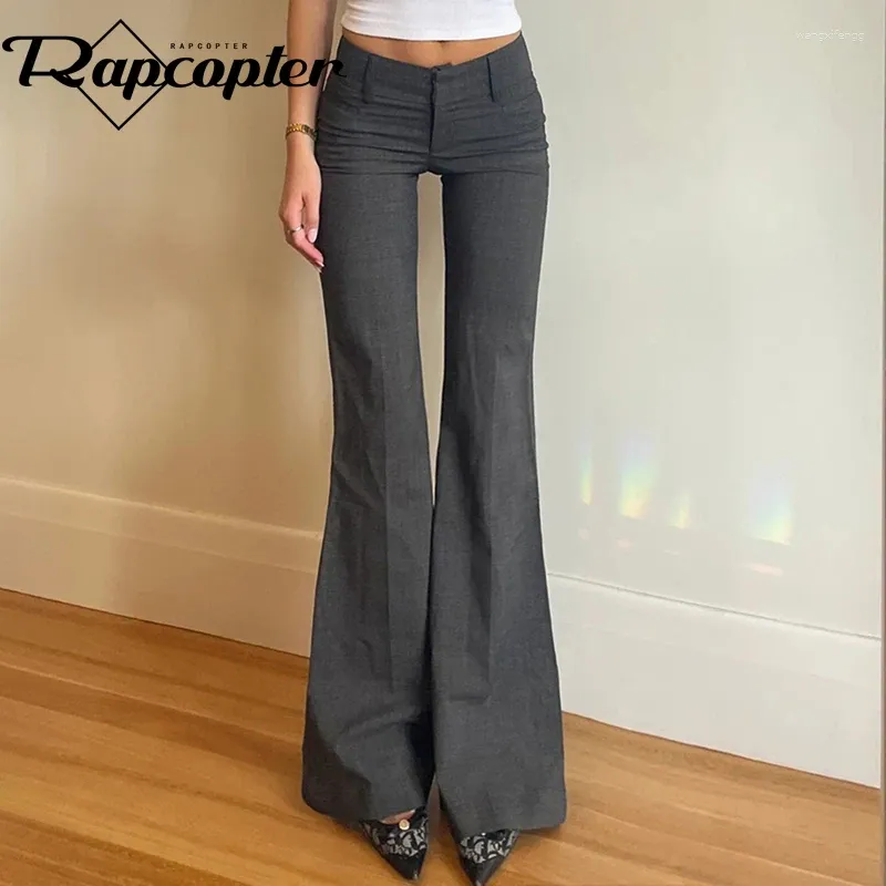 Vintage Flare Trousers - Grey Low Waist Pants for Women