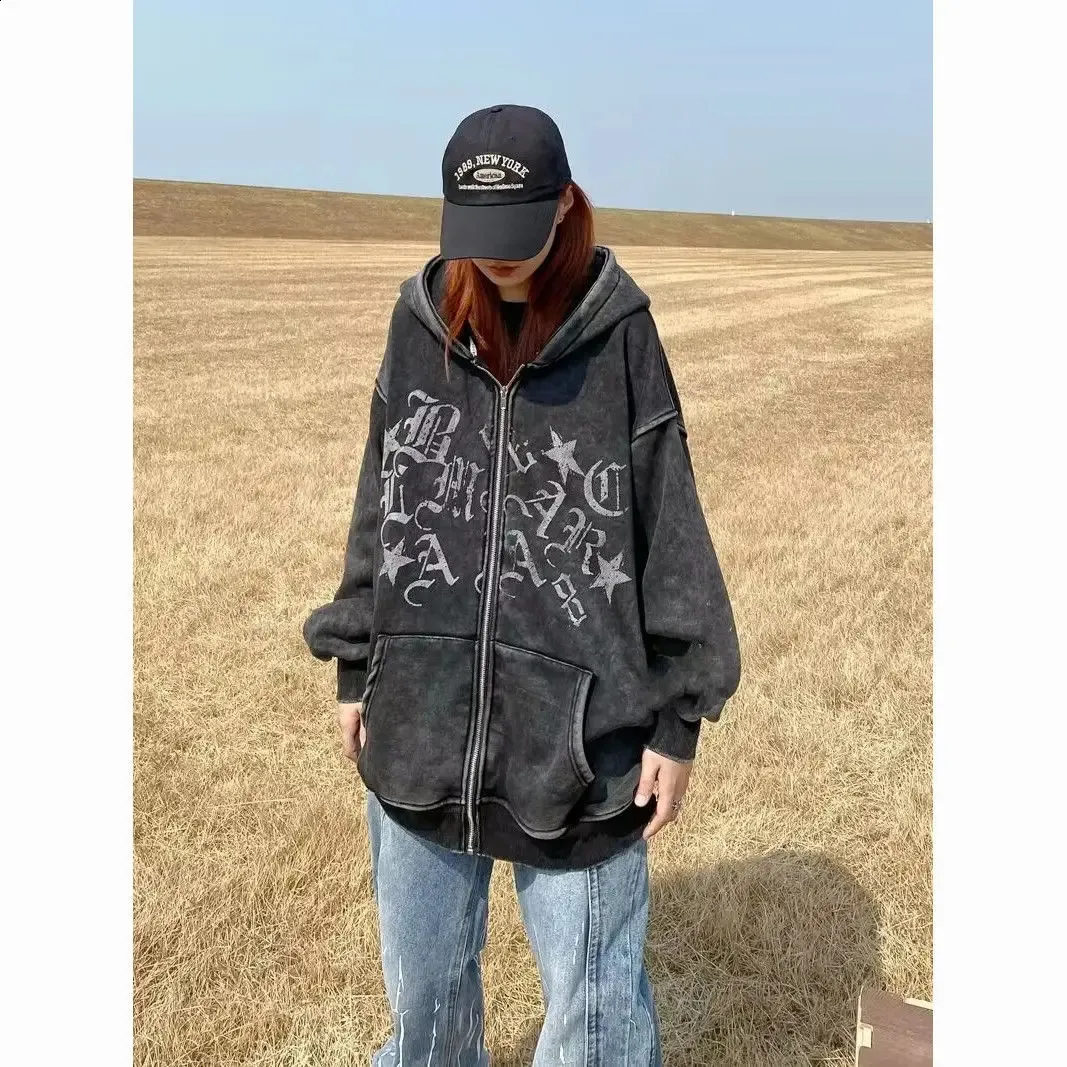 Washed Black Y2K Zip Hoodie: Vintage Grunge Style, Loose Fit
