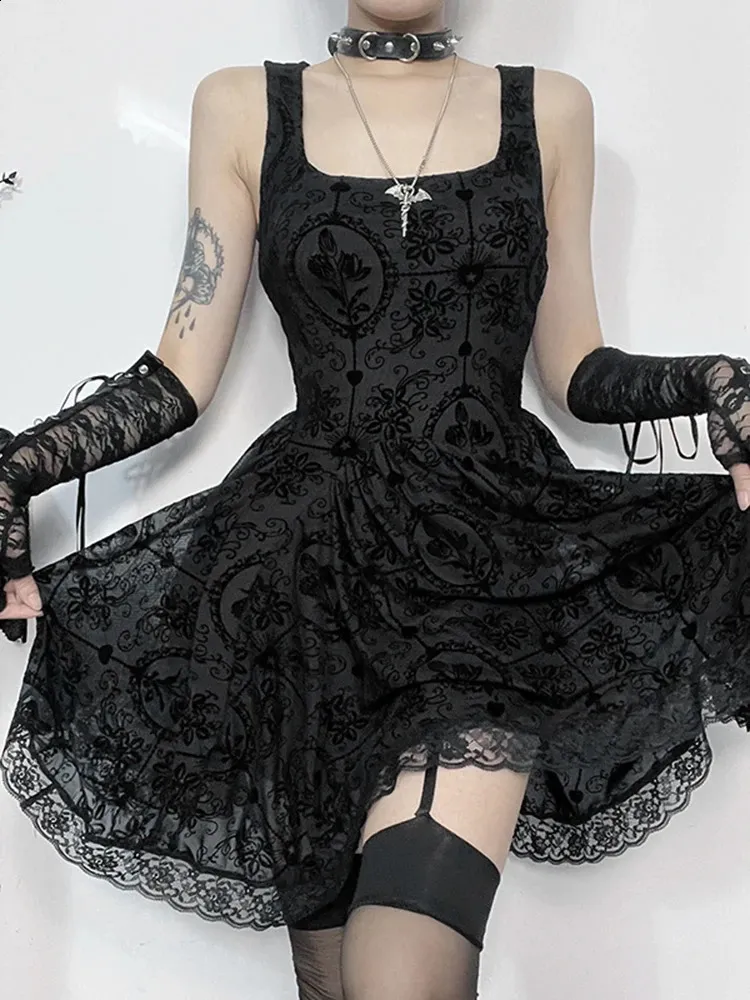InsGoth Gothic Lace Patch dress for Women - Sleeveless spaghetti Strap Punk Body Cami dress (240823)