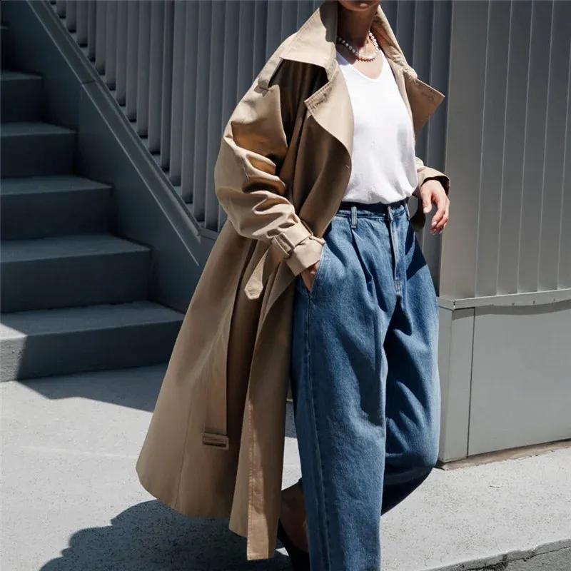 LANMREM Womens Long Trench Coat, Single-Breasted Lapel with