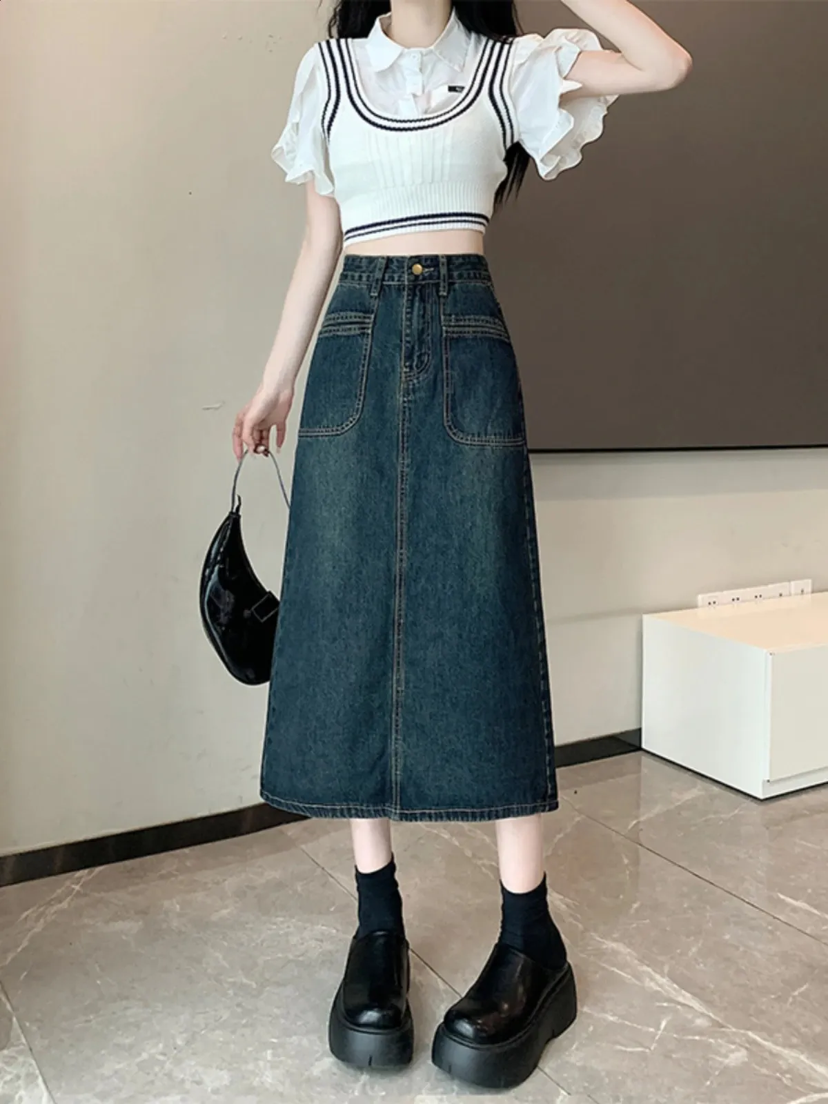 【BAON】Jikik Denim Long Skirt Korean Style Retro Grey High Waist denim jeans skirt for