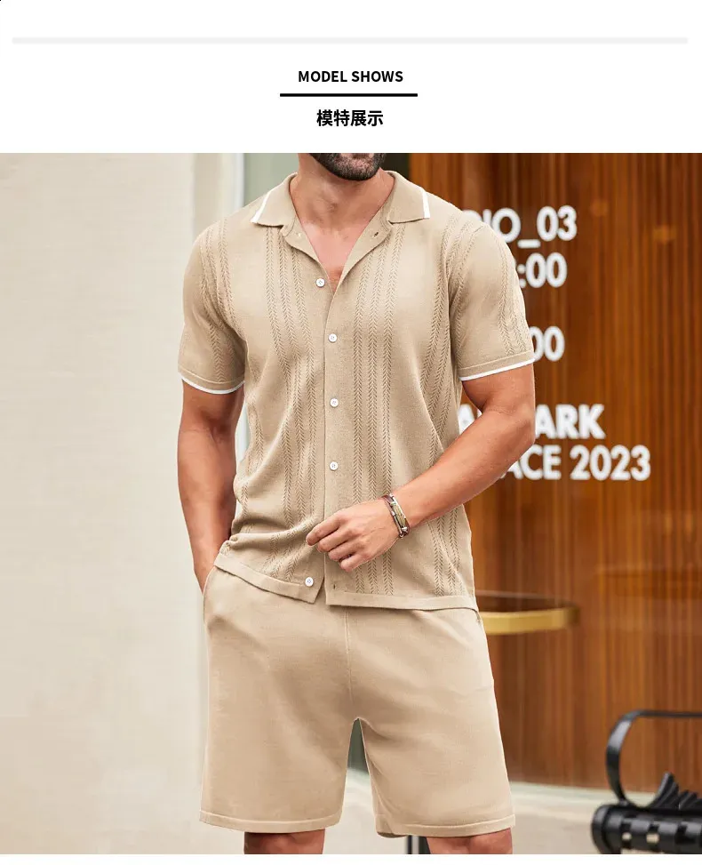 Summer Mens Knit Tracksuit Set Short Sleeve Solid Color Shirt