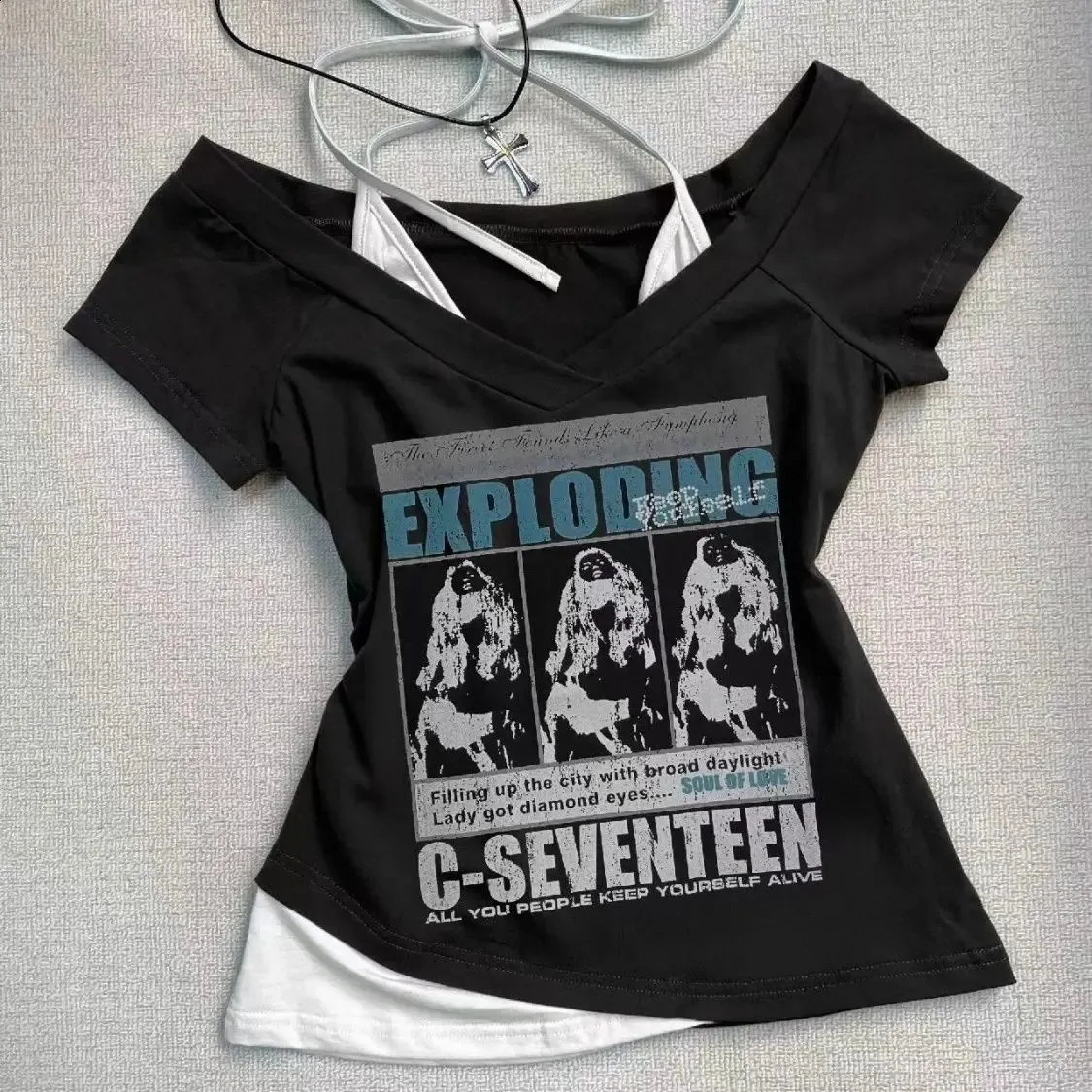 archive y2k T-shirt Ｖ系 Y2K Millennium Spliced Two Piece Letter Print T Shirt | DHgate