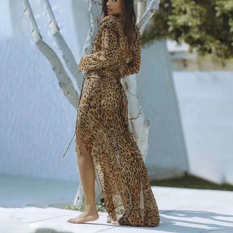 Leopard Print Chiffon High Slit Dress with Ruffles and V-Neck for Women - Elegant Flowing Flare Long Sleeve Vestidos