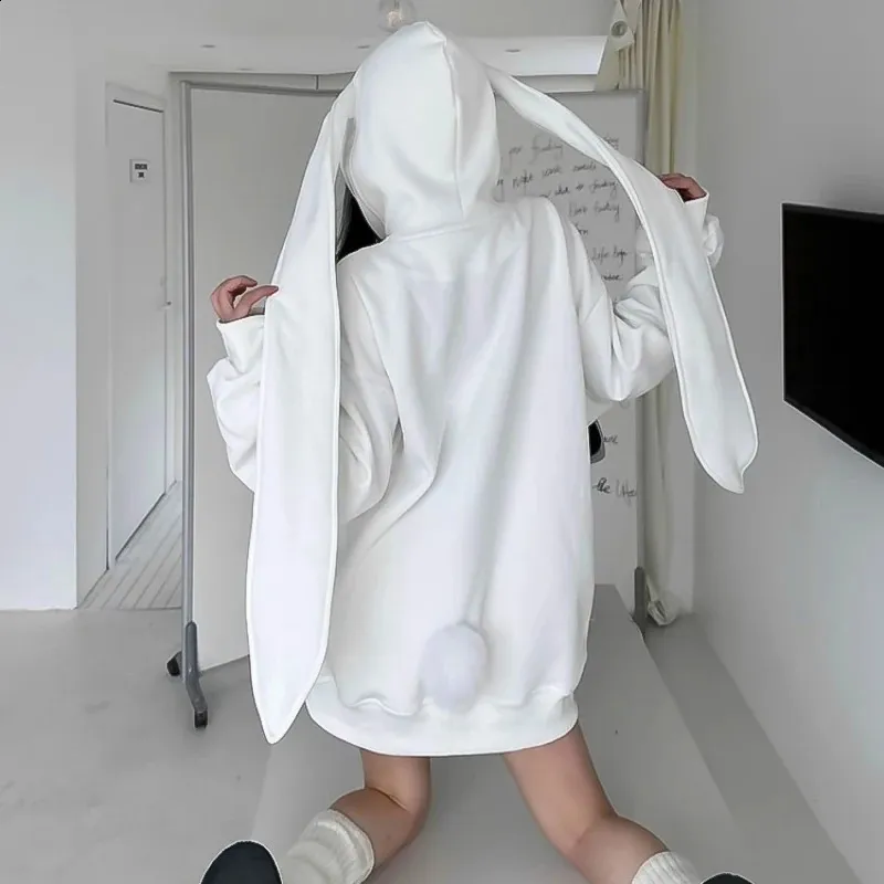 Kawaii Bunny Ear Zip white fox hoodie - Japanese Oversized