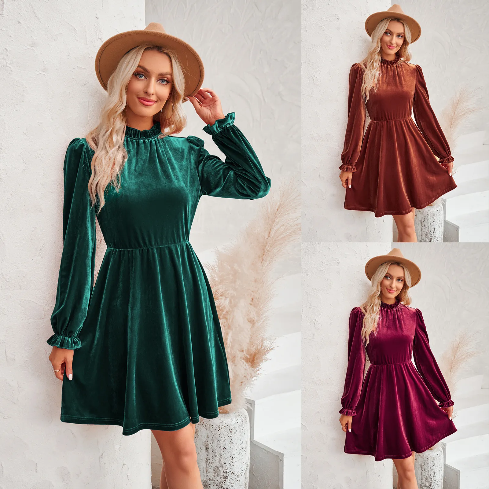 Empire Waist Casual Dress Elegant High Neck Velvet Dress, Solid
