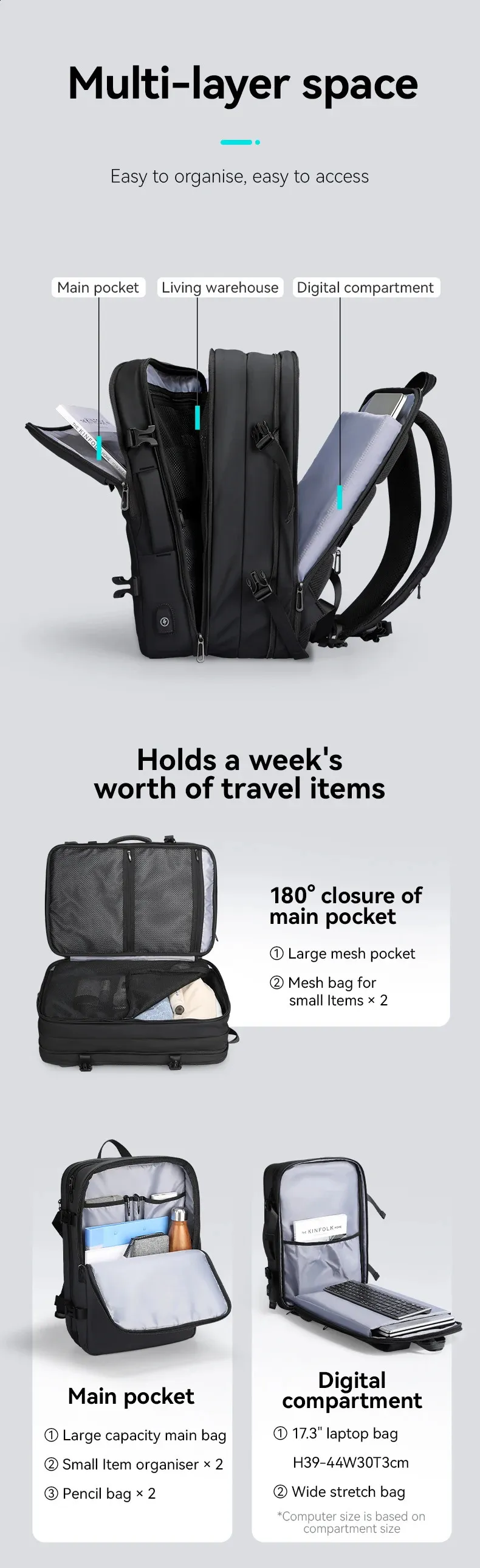 Large Travel Laptop Backpack For Men Expandable Trekking Rucksack_voghion.com