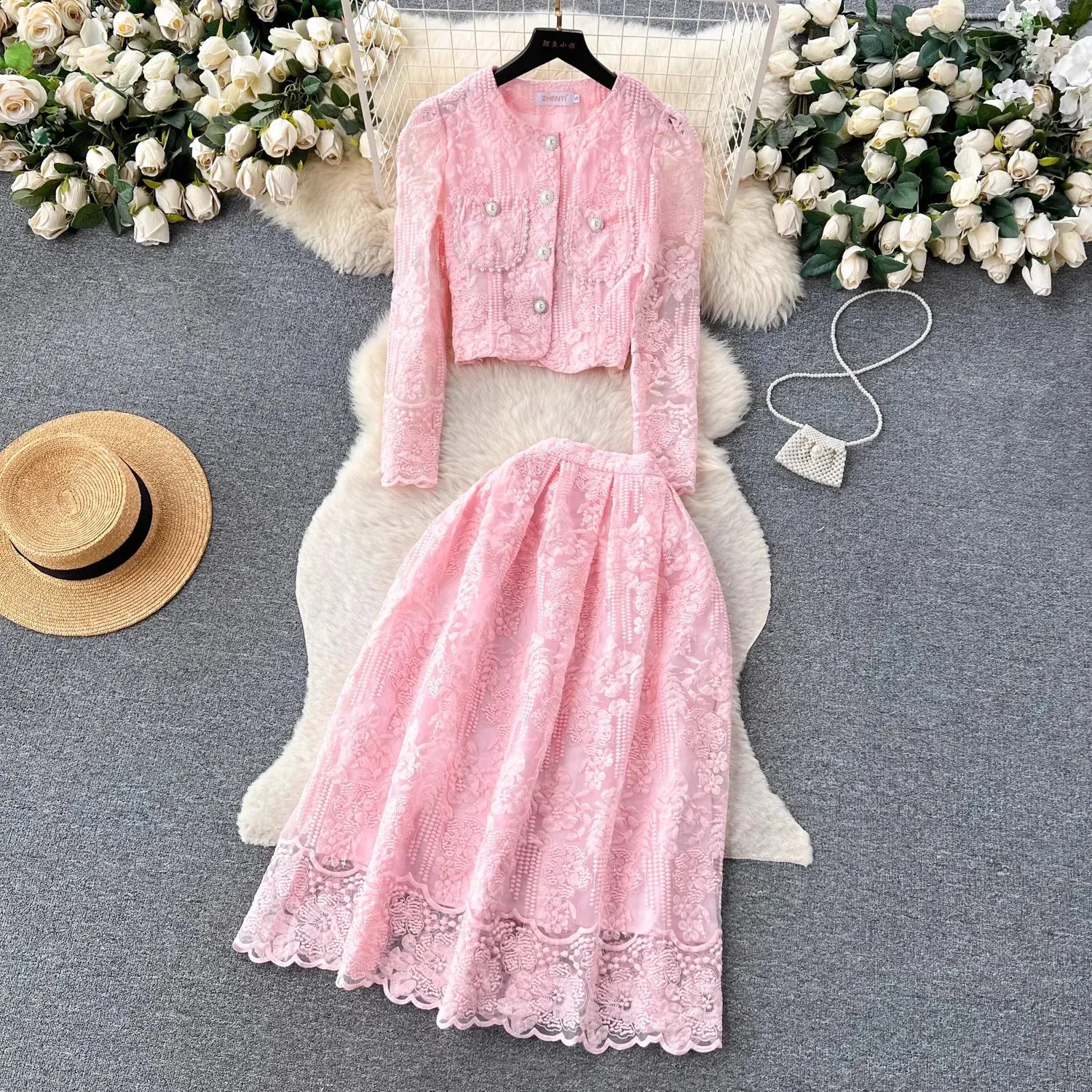 Autumn Pink Lace Embroidery Two Piece Set With Beaded... From  Charm_clothes, $39.82 | DHgate.Com
