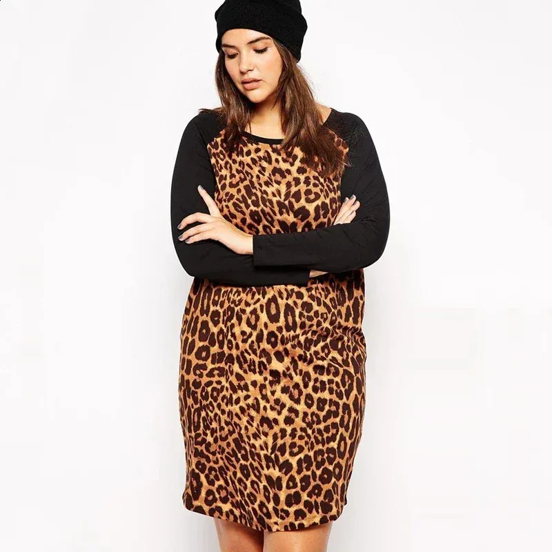 Leopard Print Long Sleeve T-Shirt Tee Dress for Women - Plus Size Summer/Spring Casual Wear, Straight Tunic Style, 6X Size