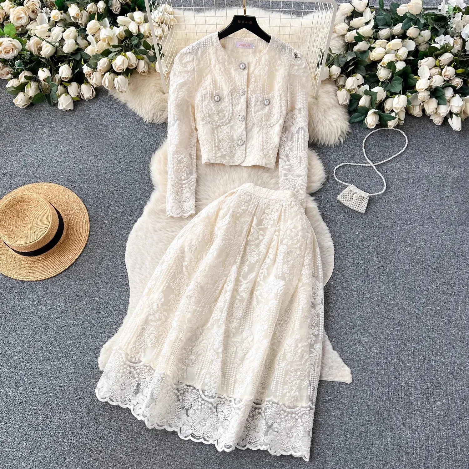 long sleeve lace top with floral skirt two piece dress Boho Two-piece Long Sleeve Wedding Dress Lace Top Chiffon Skirt –  loveangeldress main image 0