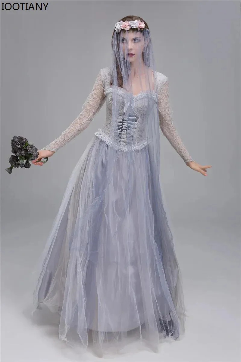 Women s Ghost Bride Costume Halloween Horror Skeleton Roleplay Dress Carnival Party Set