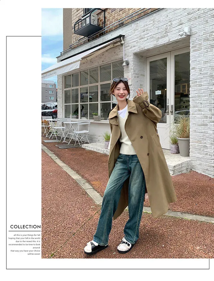 Korean Khaki Trench For Women Single Breathable Lapel Green Korean Khaki Trench For Women Single Breathable Lapel Green