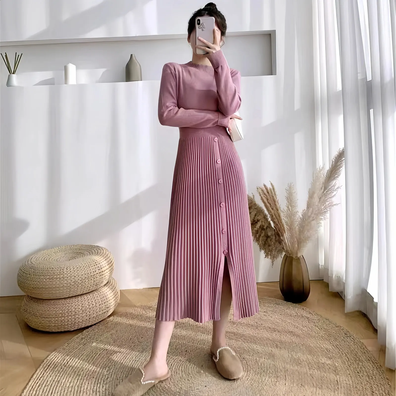 knee length dresses for ladies Womens Cashmere Wrap Dress Ribbed Knit Long Sleeve V Neck Midi Dresses