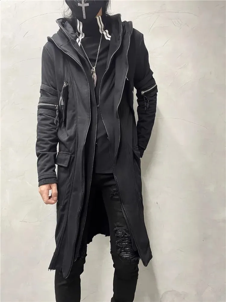Gothic Black Medium Length Hooded Trench Men Japanese Style