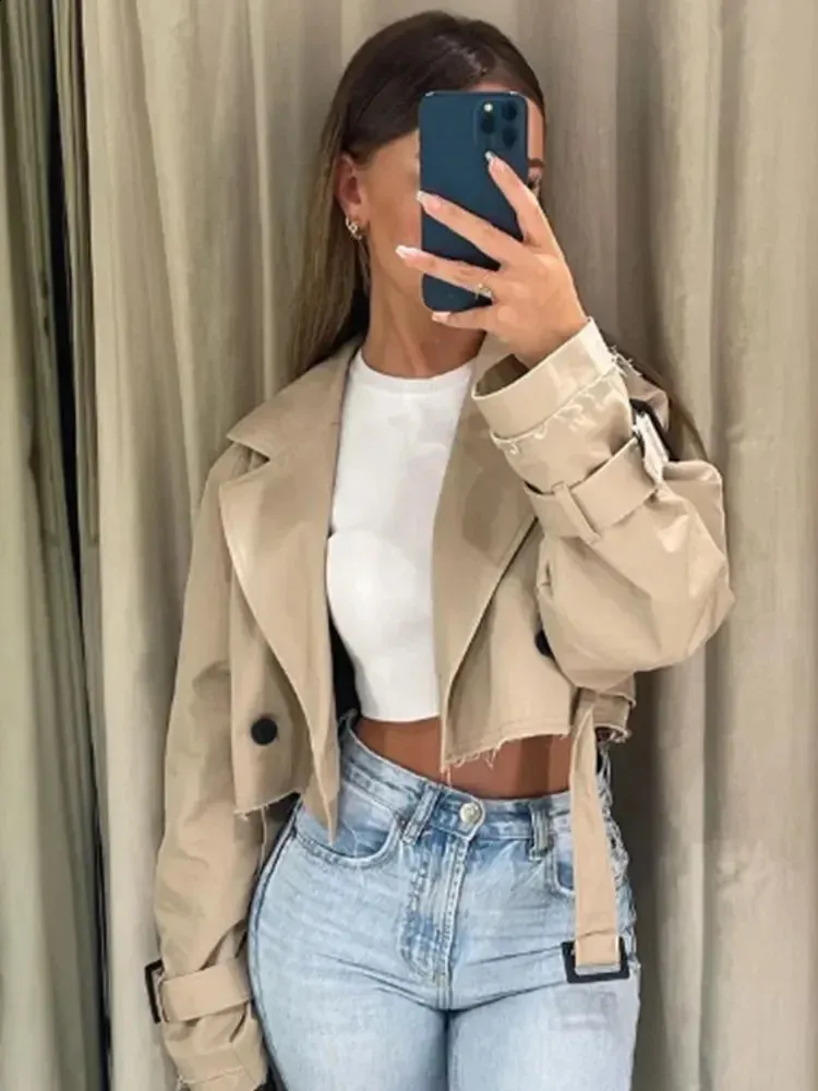 Fashion Belt Cropped Trench Spring Jacket Women Vintage