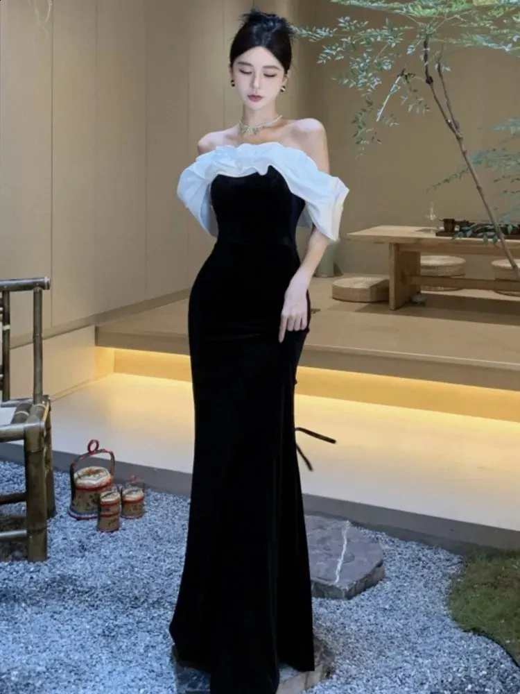 French Patchwork Off-Shoulder party dress for Women - Elegant Slim Waist Prom Robe with Long Vestidos Mujers - Style 240822