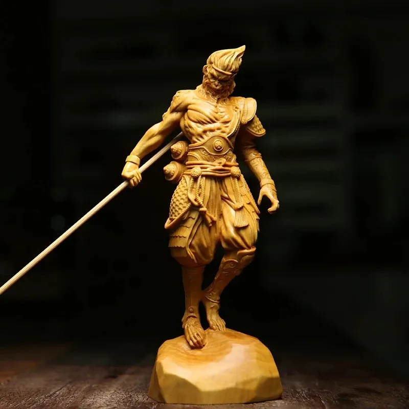Kin Rin Feng Shui Boxwood Sun Wukong Sculpture Monkey King Feng Shui Wood Carving Solid ...
