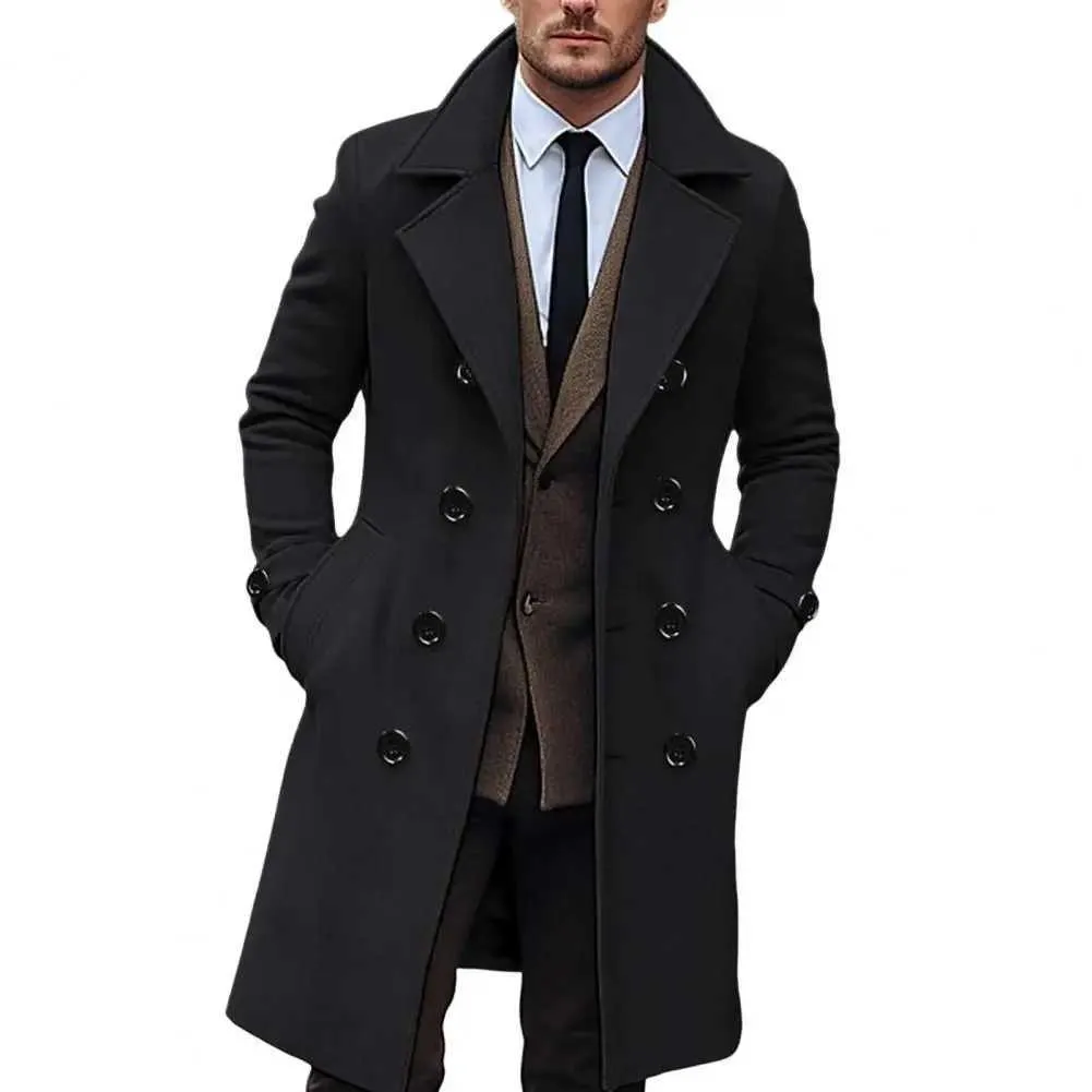 Mens Long Woolen Coat Double Breasted Mid-Length Business Overcoat