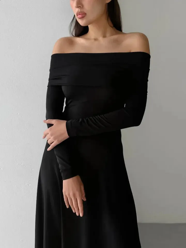 knee length dresses for ladies Black Bardot Draped Split Maxi Dress main image 0