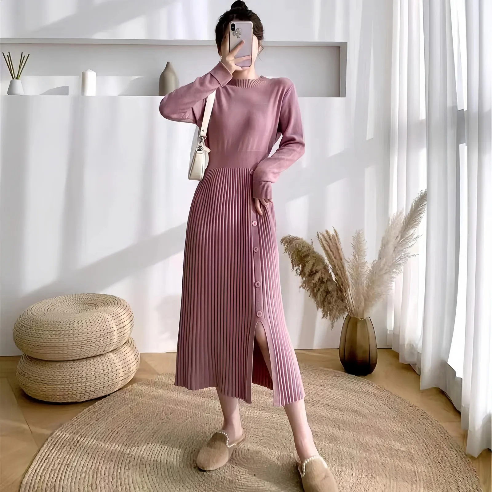 Women's Knitted Midi maxi dress with Half High-neck and