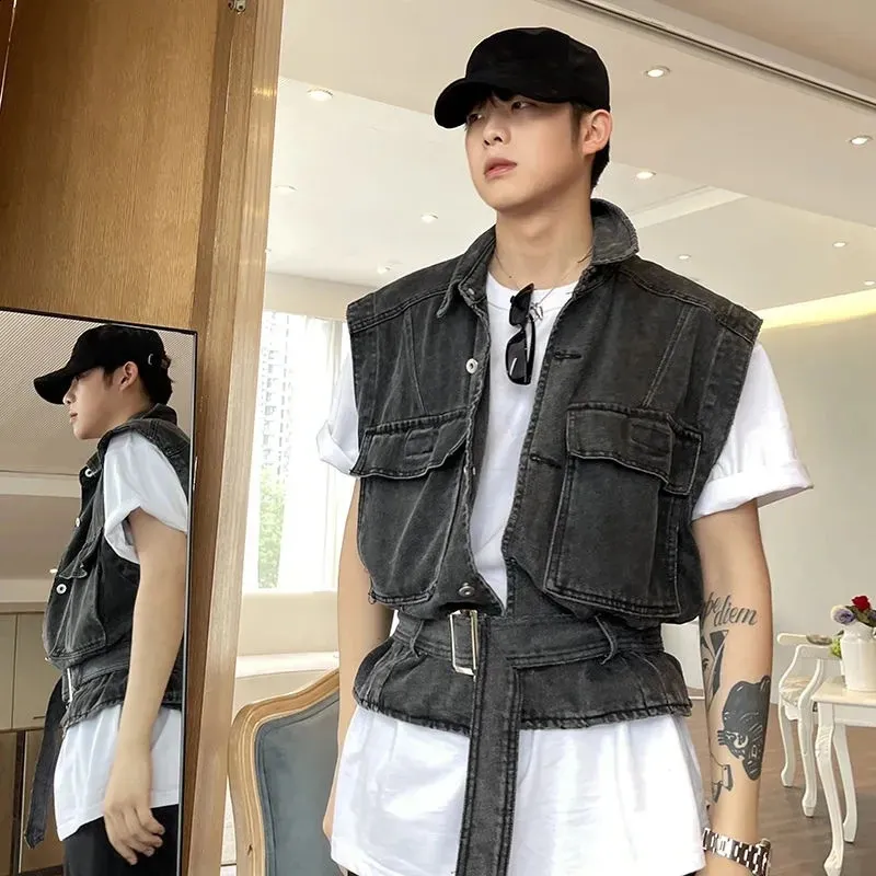 Vintage Sleeveless Denim Cargo Jacket Casual Vest Men Cotton