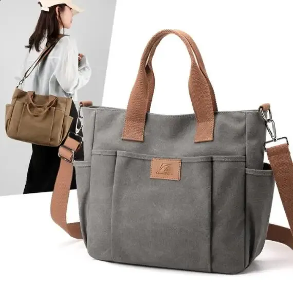 Canvas Tote Bag With Zipper - Multi-Pocket Crossbody Shoulder Bag, Large Size - View #4