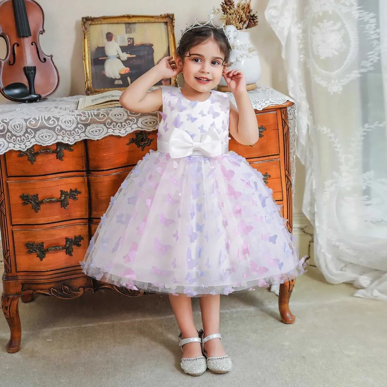 Vestido De Princesa Para Niña Con Tul Y Mariposas - Sin Mangas, Ideal Para Fiestas Y Bodas